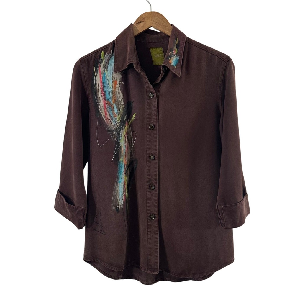 Pulp Brown Tencel Hand Painted Abstract Art Button Up Shirt Womens Small Artsy